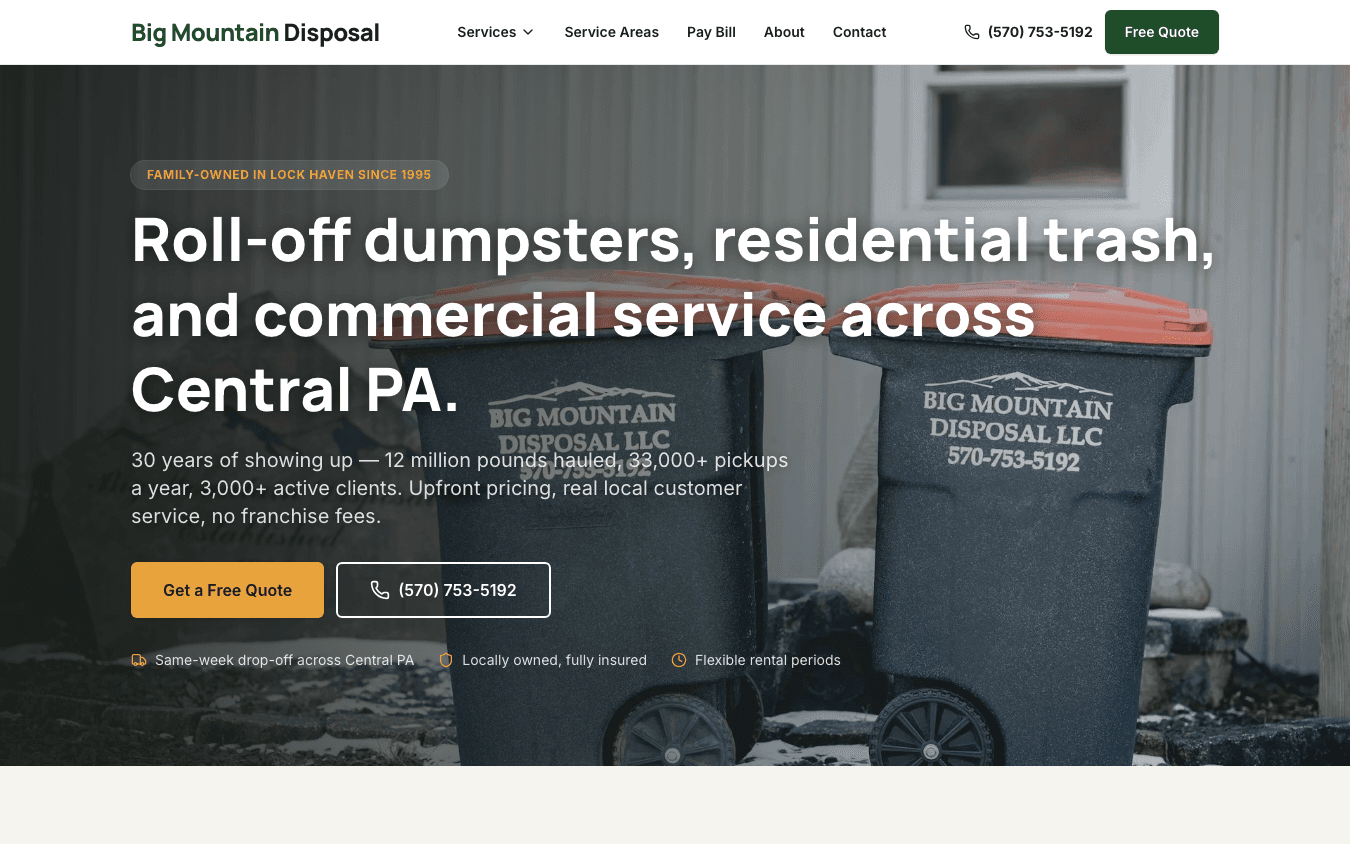 Big Mountain Disposal new homepage, desktop