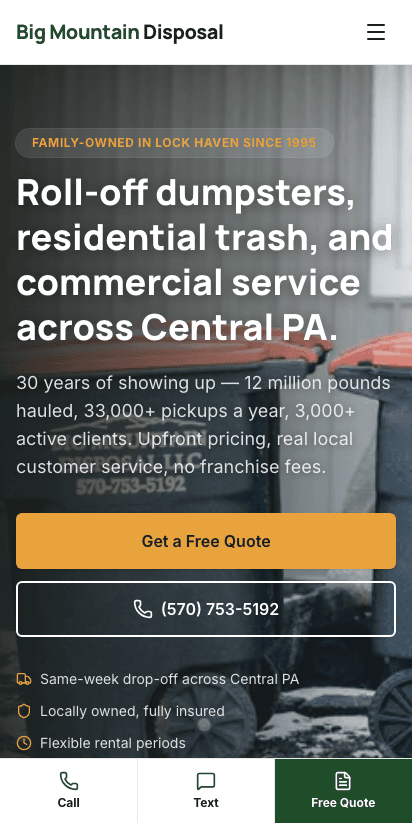 Big Mountain Disposal new homepage, mobile