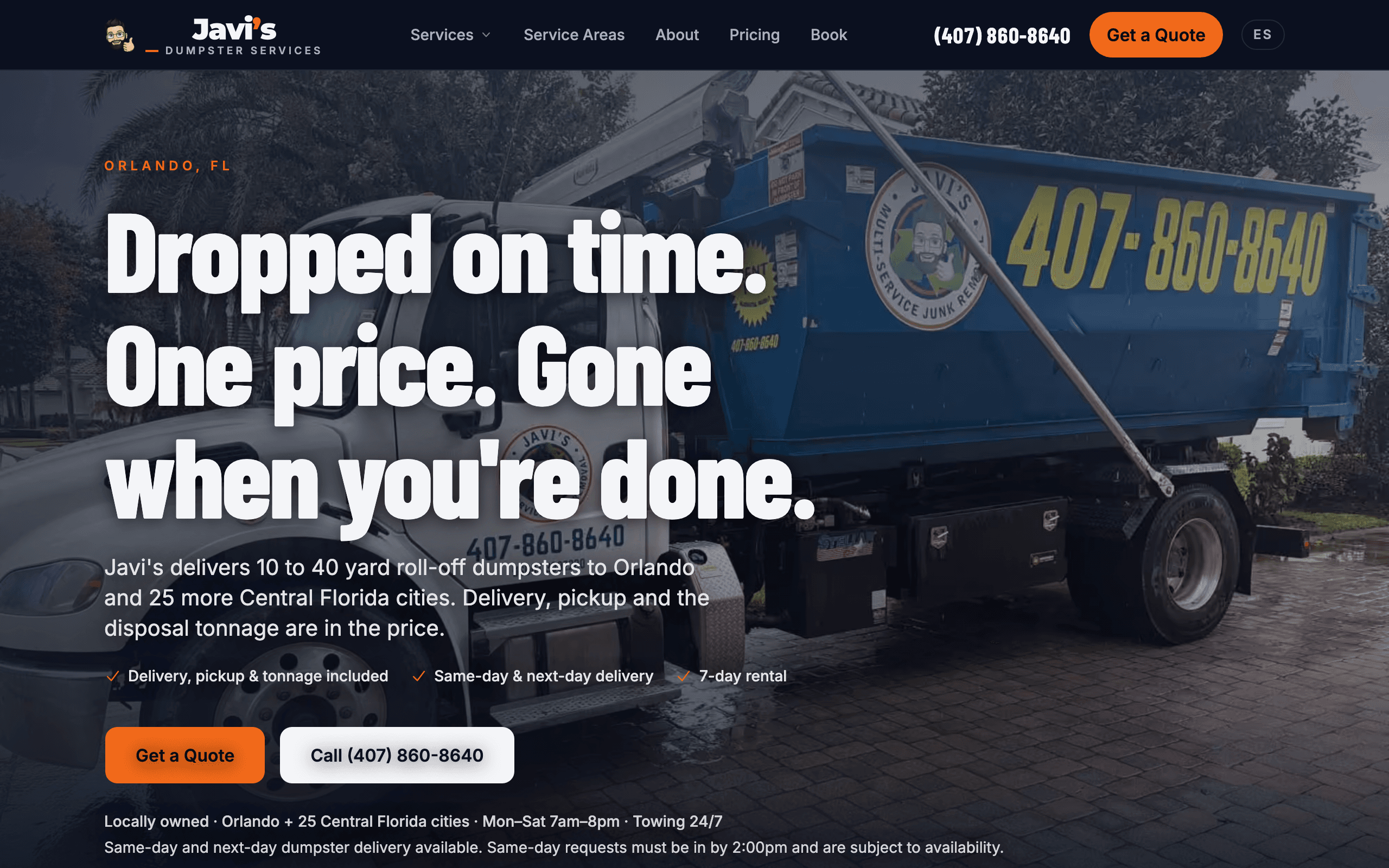 Javi's Dumpster Services website screenshot