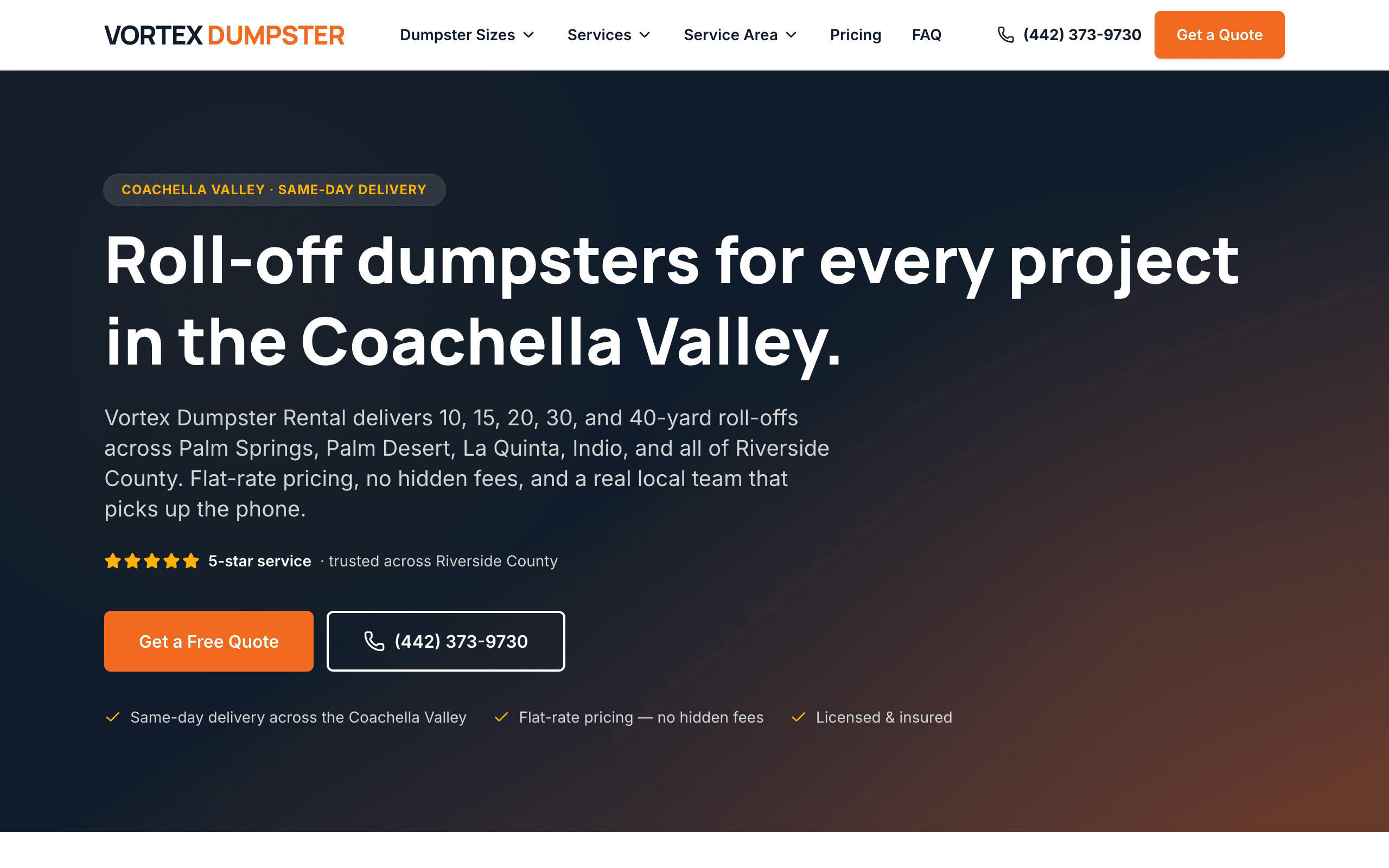 Vortex Dumpsters website screenshot